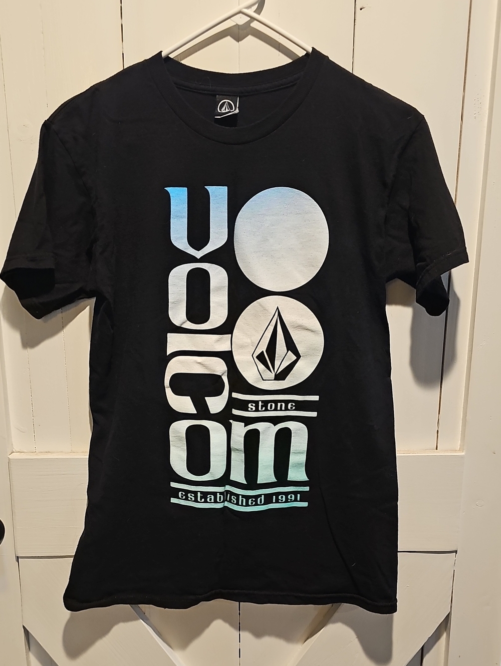 Volcom Black Tee with Blue-White Gradient Logo